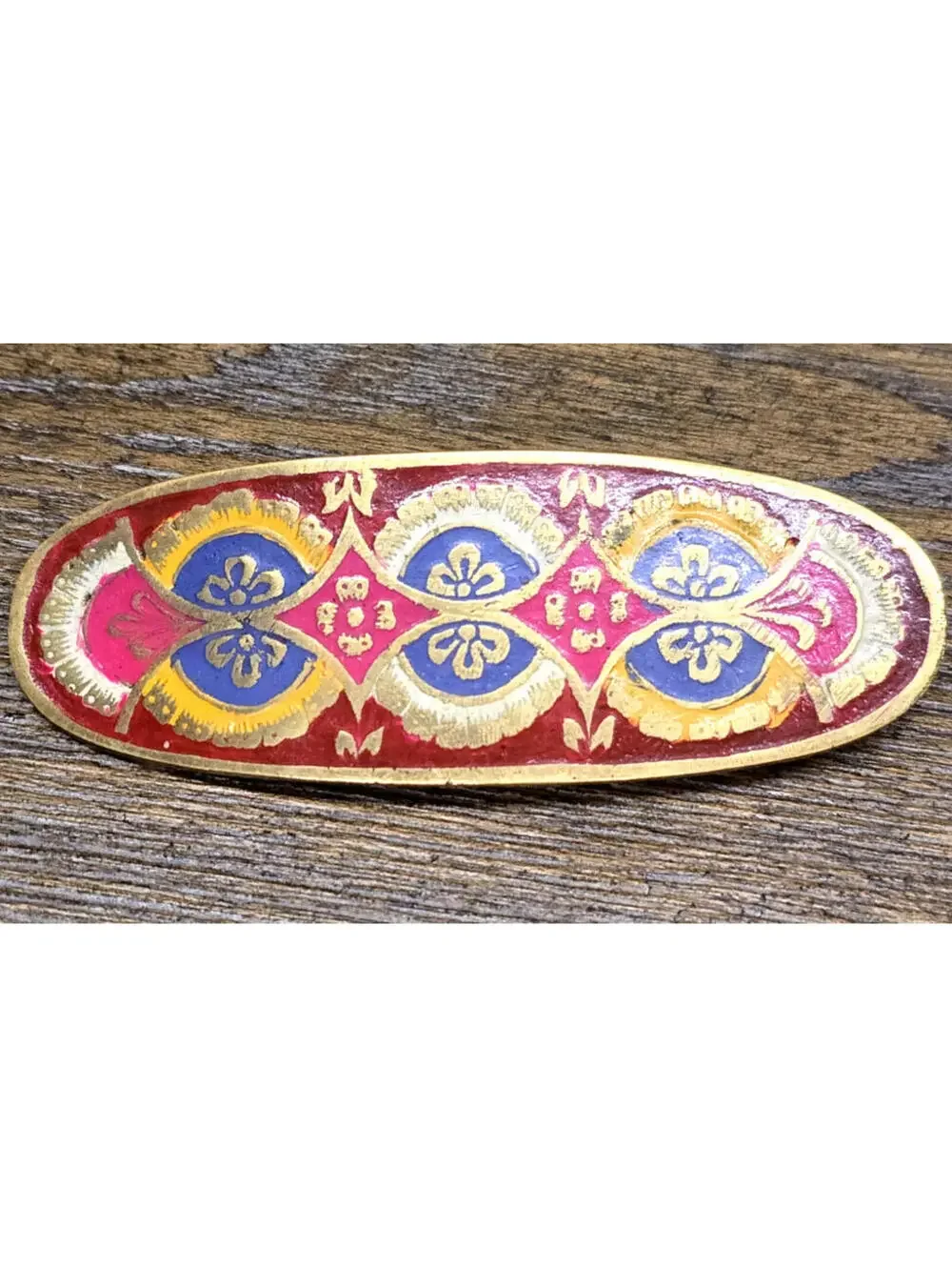 Vintage Cloisonne Style Enameled Brass Hair Barrette Colorful Art Deco Design